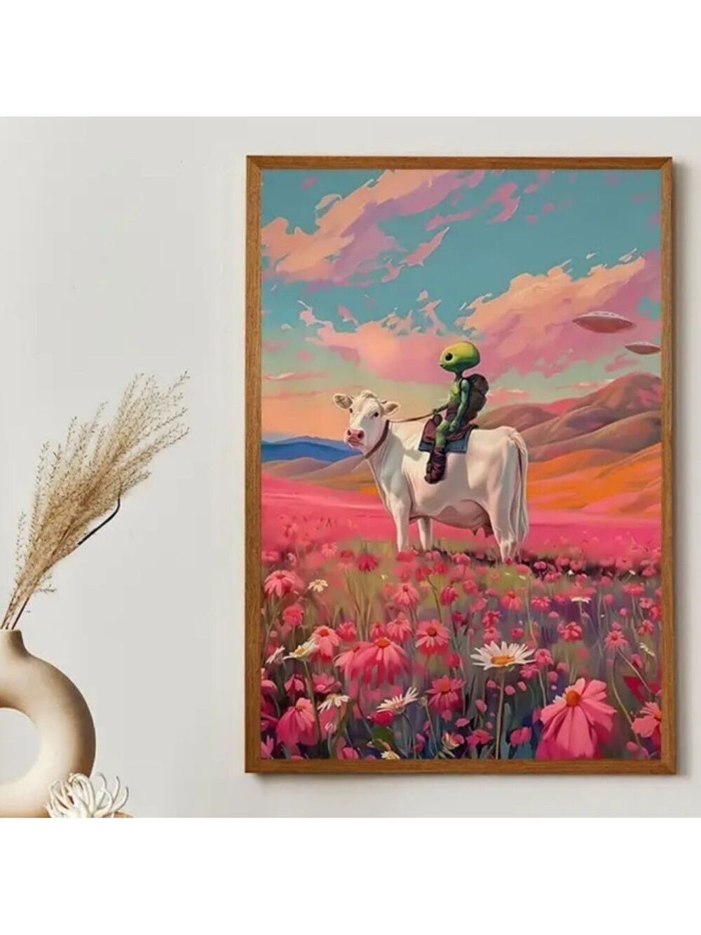 Surreal Alien & Cow Canvas Print Dreamscape Art Wall Art